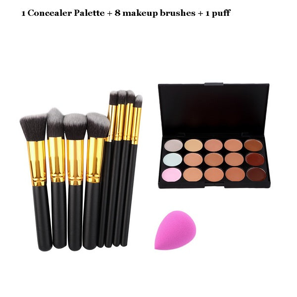 Pro Makeup Set 15 Colors Concealer Contour Palette + 10pcs/8pcs Eye Makeup Brushes Tools + Sponge Puff Cosmetics Make Up Kit