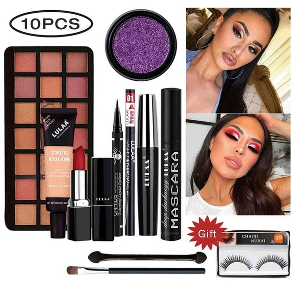 10pcs Full Face Makeup Set 24 Colors Eyeshadow Palette Mascara False Eyelashes Eyeliner Lipstick Make Up Tools Kits