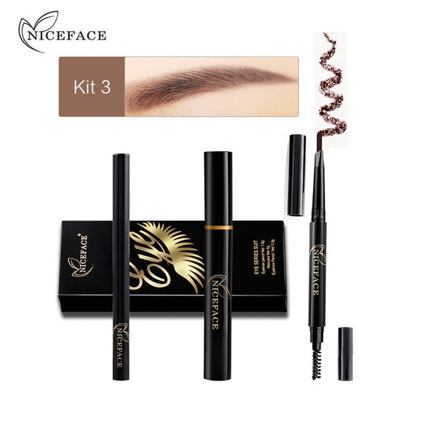 NICEFACE Black Curling Mascara +  Waterproof Liquid Eye Liner  + Long-Lasting Eyebrow Pencil with Brush Eye Makeup Set Kit Tools